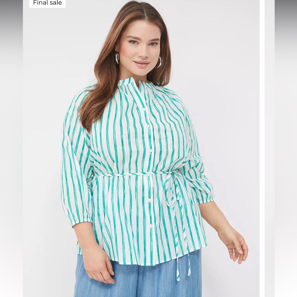 Lane Bryant NWT Tunic Blouse Women's Size 18/20 White Green Tie Front 3/4 Sleeve